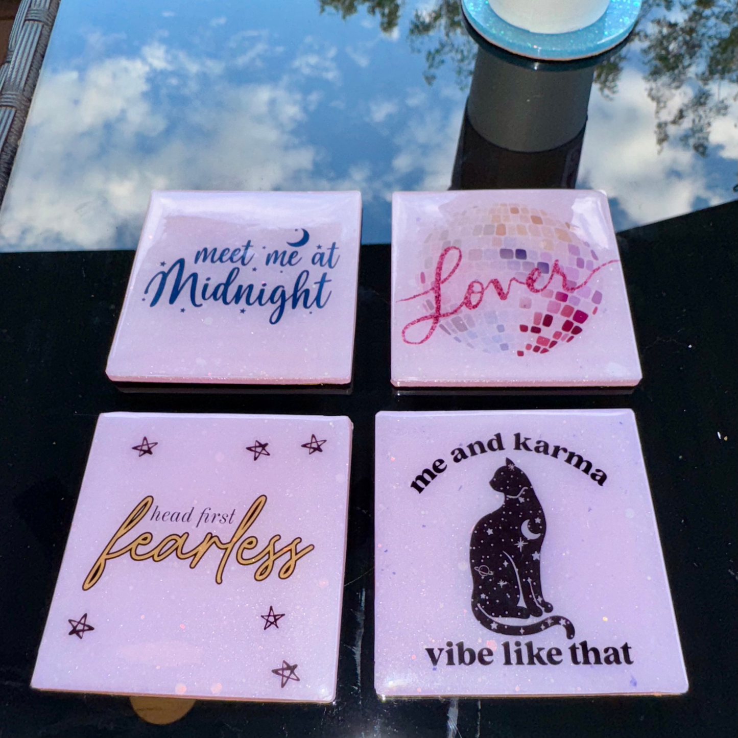 Handmade Glitter Coaster Set - 4 Pack (Choose Style + Base)