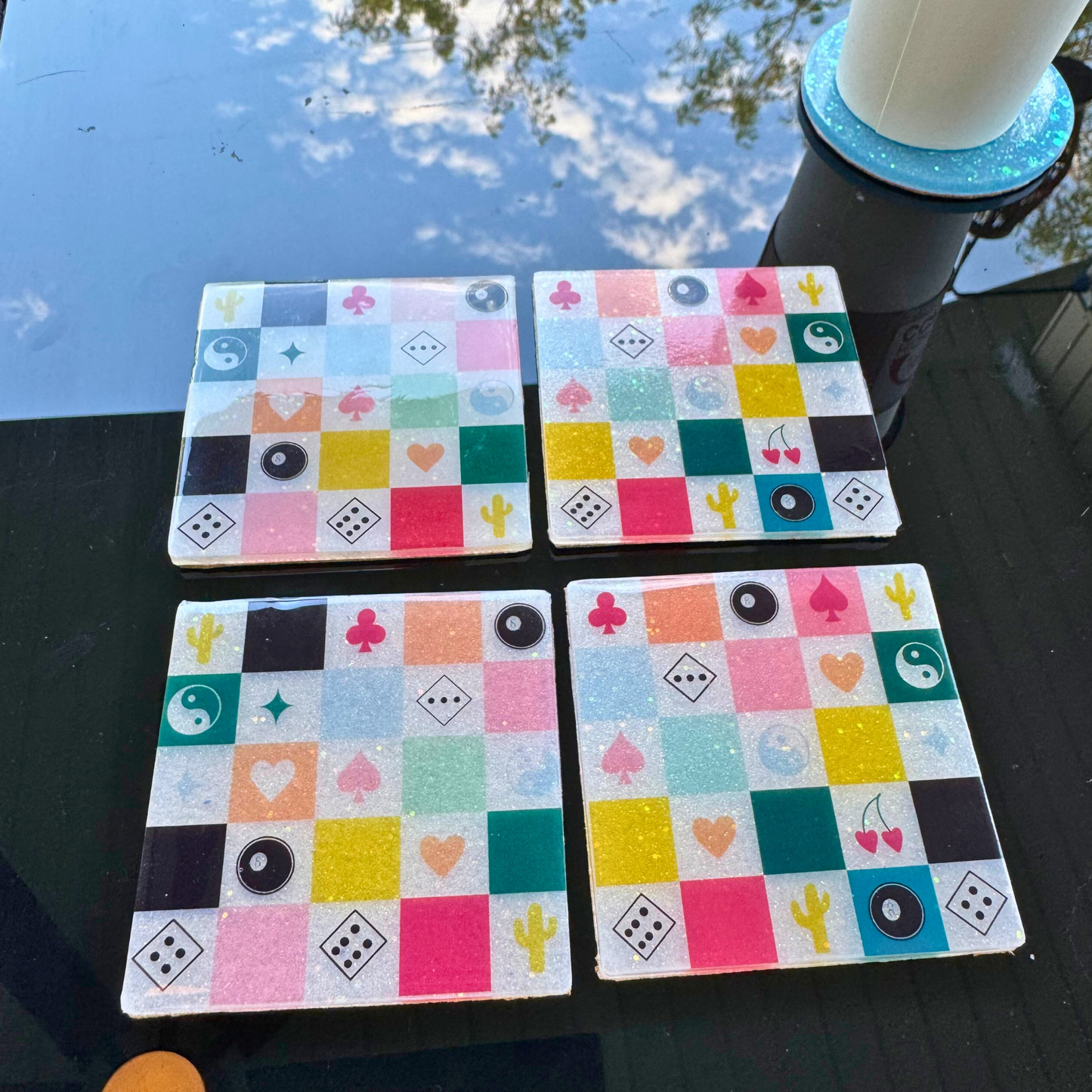 Handmade Glitter Coaster Set - 4 Pack (Choose Style + Base)