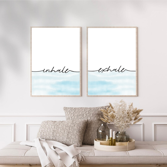 Inhale Exhale Print Set - Coastal Blue Watercolor - Set of 2 - 8.5x11
