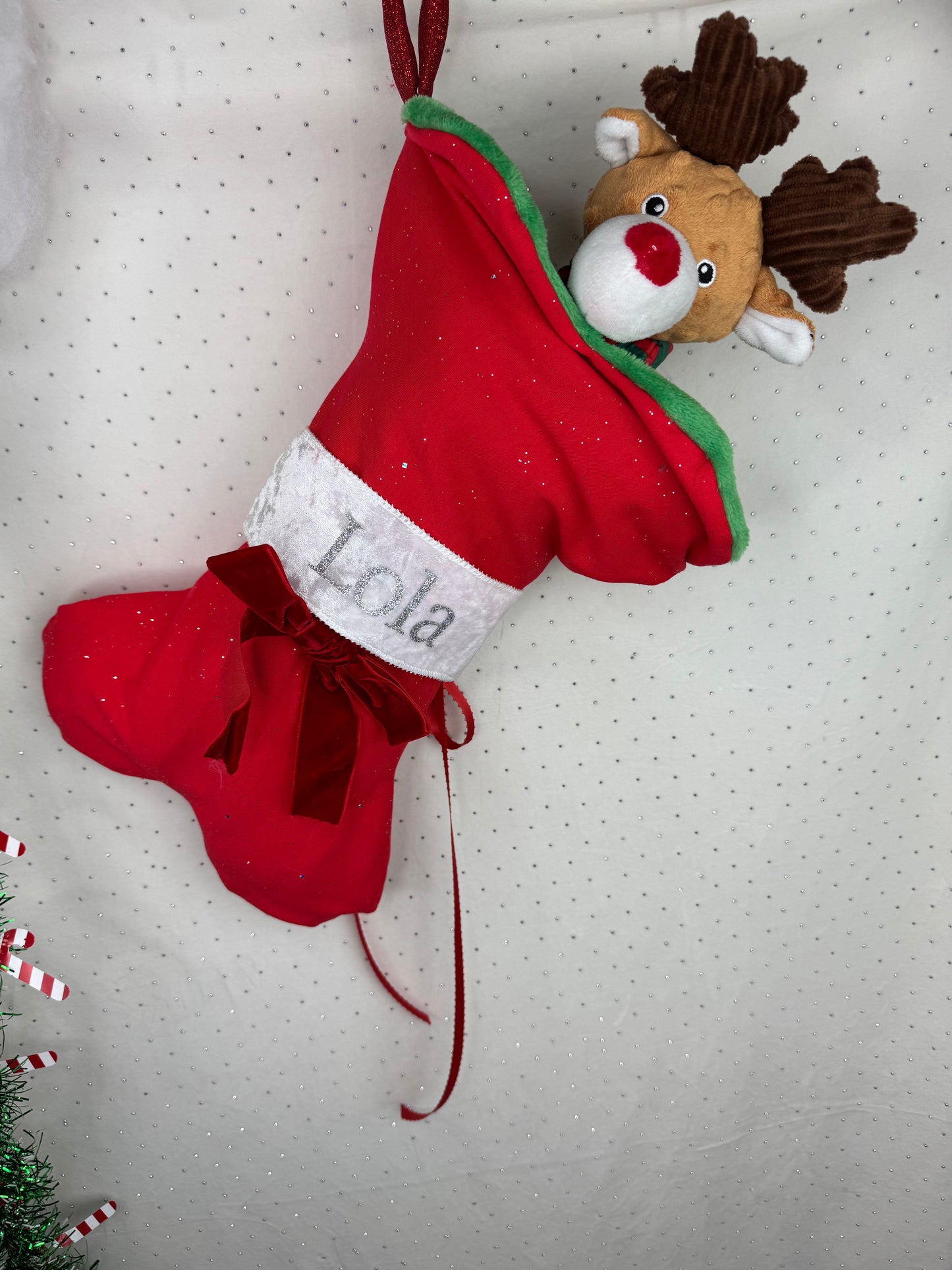 Personalized Reversible Dog Bone Christmas Stocking with Bow & Ribbon