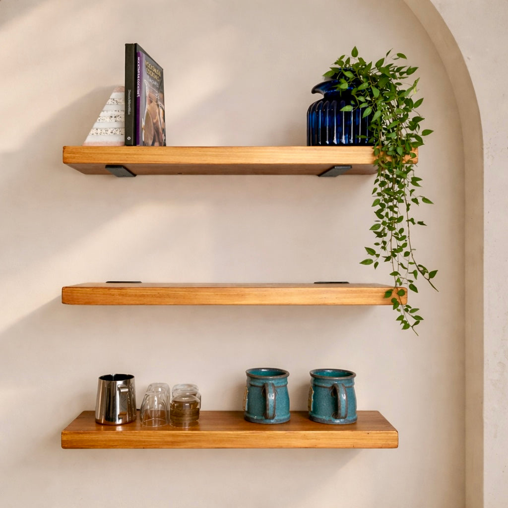 Floating Shelves – Set of 3 Solid Wood Shelves (26”) | Modern Floating Shelf for Coffee Bar, Kitchen, Bathroom, & Decor Display