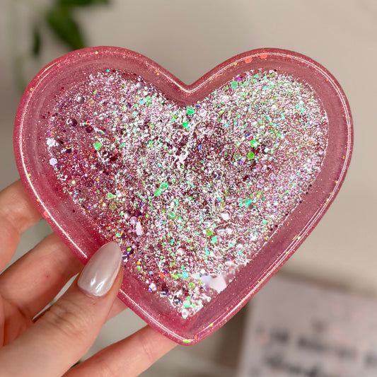 Heart Ring Necklace Dish with Pink Glitter, Small Jewelry Bowl for Rings and Earrings, Bedside Ring Holder or Vanity Decor, Handmade